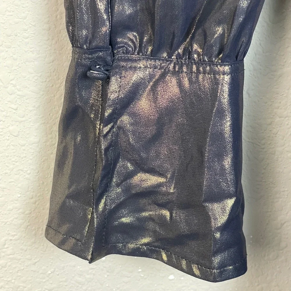 Free People Metallic Sheen Button Down Shirt Blouse‎ Navy Gold XS Oversized